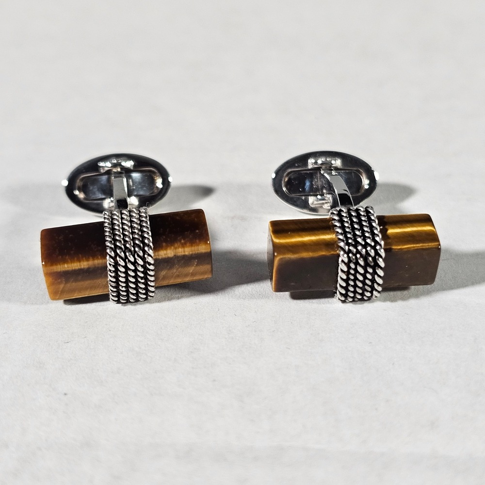 Jan Leslie Cufflinks Mens OS Brown Tigers Eye Sterling Silver‎ 925 Rope Detail